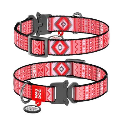 WAUDOG Naylon Dog Collar QR Passport ''Etno Red'' Metal Fastex 25mm X 31-49cm (5208)
