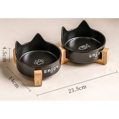 Κεραμικό Διπλό Μπολ Γάτας Μαύρο με Ξύλινη Βάση 15.5cm 200ml
