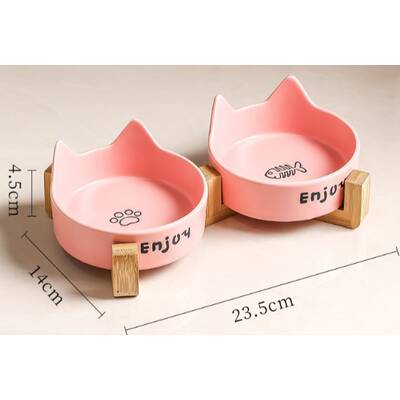 Κεραμικό Διπλό Μπολ Γάτας Ροζ με Ξύλινη Βάση 15.5cm 200ml