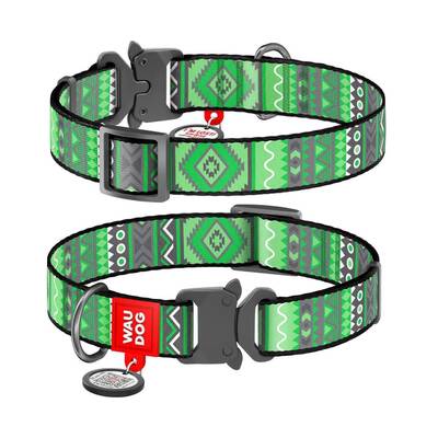 WAUDOG Naylon Dog Collar QR Passport ''Etno Green'' 25mm X 35-58cm (5195)