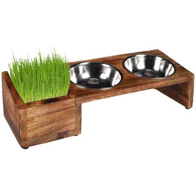 FLAMINGO Twin Feeder Lela With Cat Grass Bowl Stainless Steel 2x375ml 13cm