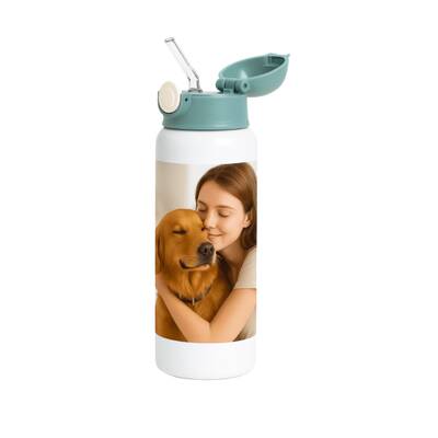 WOOF UP Παιδικό Παγούρι με Πλαστικό Καλαμάκι και Πράσινο καπάκι 360ml (Λευκό)