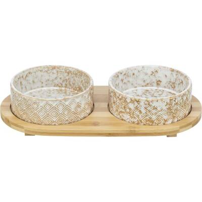 TRIXIE Σετ Πιάτων Κεραμικά/Bamboo 2 x 0.3L 12cm/ 30x6x12cm Άσπρο/Εκρού