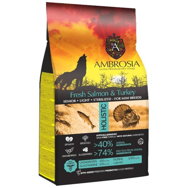 AMBROSIA GF Dog Adult Mini Senior Light Sterilised Salmon&Turkey 5kg AMBROSIA GF Dog Adult Mini Senior Light Sterilised Salmon&Turkey 5kg