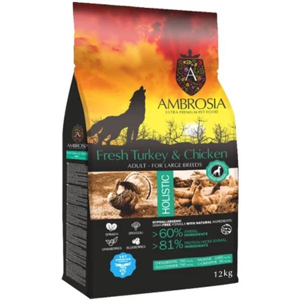 AMBROSIA GF Dog Adult Large Turkey&Chicken 12kg