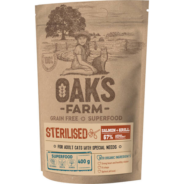 OAKS FARM Cat GF Sterilised Salmon&Krill 400gr OAKS FARM Cat GF Sterilised Salmon&Krill 400gr
