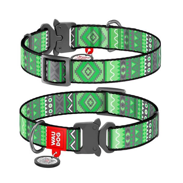 WAUDOG Naylon Dog Collar QR Passport ''Etno Green'' 25mm X 31-49cm (5194)