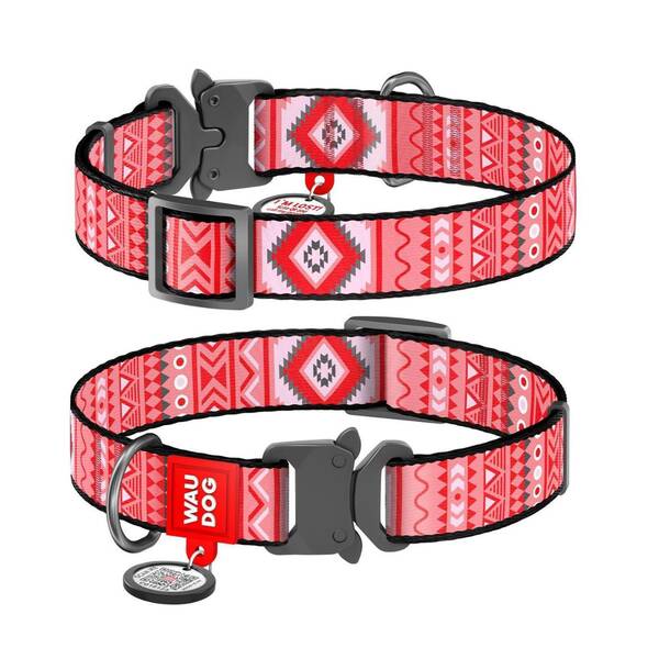 WAUDOG Naylon Dog Collar QR Passport ''Etno Red'' Metal Fastex 25mm X 35-58cm (5211)