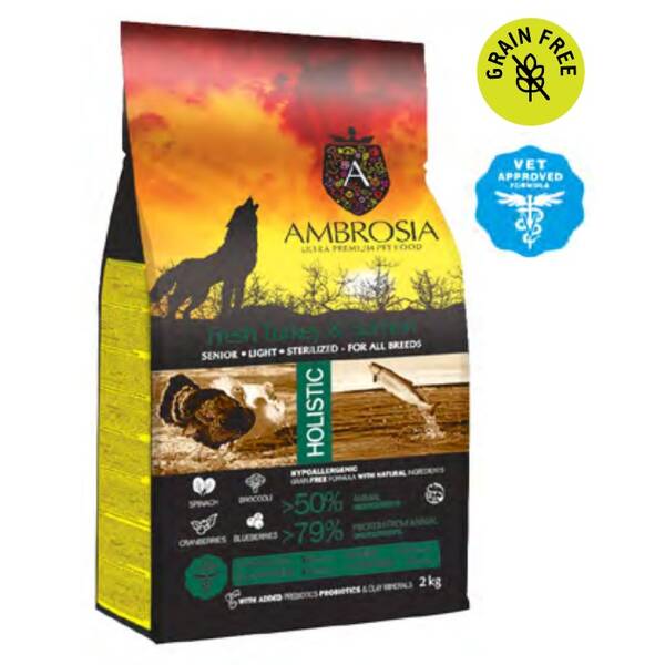 AMBROSIA GF Dog Adult Senior Light Sterilised Turkey&Salmon 2kg AMBROSIA GF Dog Adult Senior Light Sterilised Turkey&Salmon 2kg