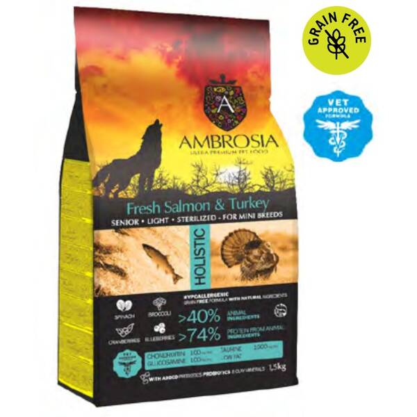AMBROSIA GF Dog Adult Mini Senior Light Sterilised Salmon&Turkey 1.5kg AMBROSIA GF Dog Adult Mini Senior Light Sterilised Salmon&Turkey 1.5kg