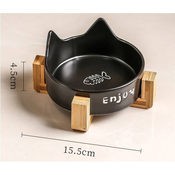 Κεραμικό Μπολ Γάτας μαύρο με Ξύλινη Βάση 15.5cm 200ml